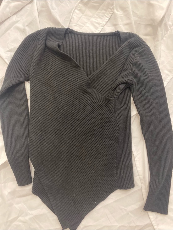 Tops - Women's Black Ribbed Asymmetric V-Neck Sweater